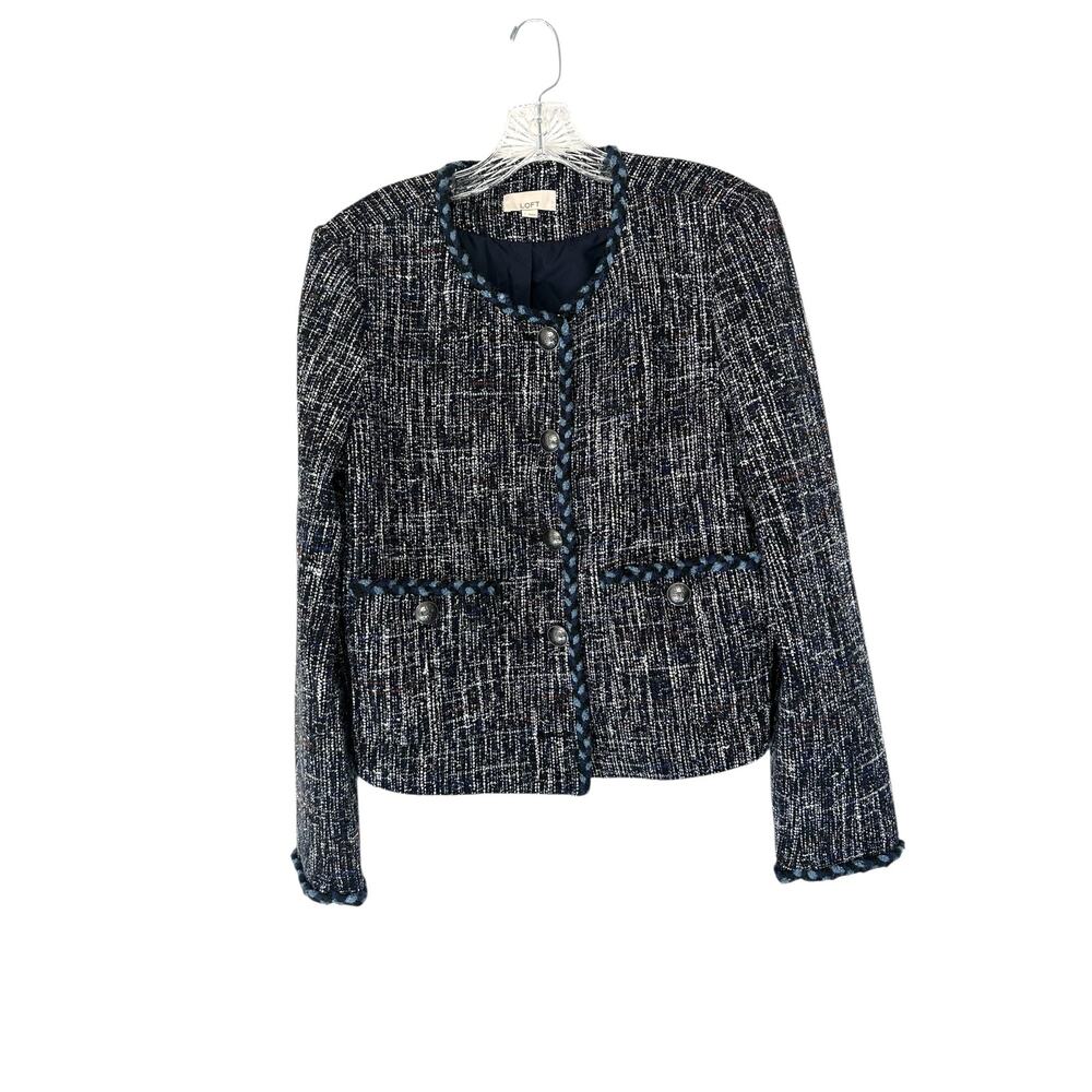 Loft Blazer Blue White‎ Braided Collar Tweed Twee Office Work Career Large